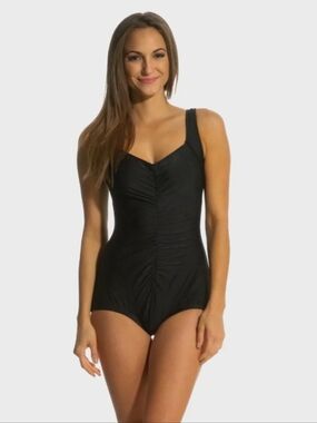 NWT Maxine of Hollywood Textured Spa Shirred Front Girl Leg 1 Piece Swimsuit 16